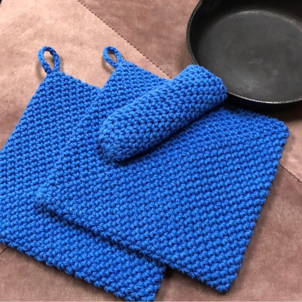 Blue Crochet Kitchen Set 2 potholders and 1 cast iron pan handle holder